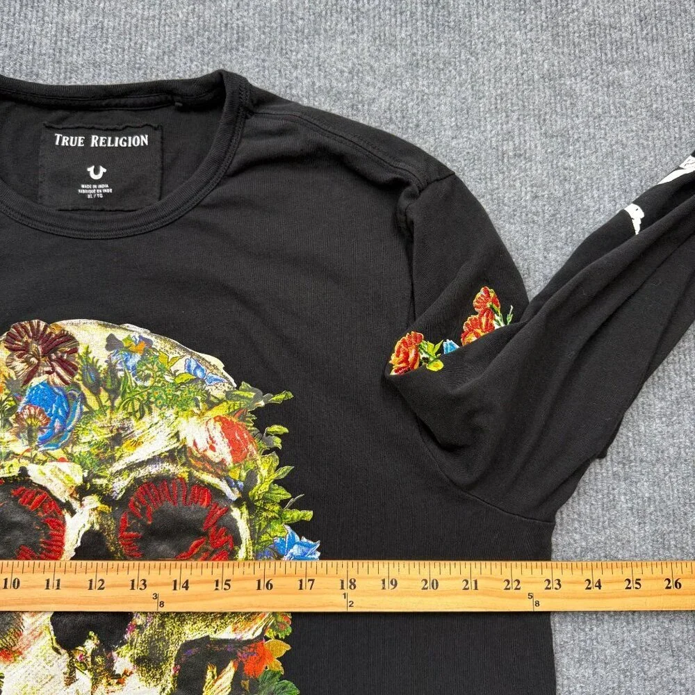 RARE True Religion Skull Bloom Flowers Sugar Skull Long Sleeve Tee Black Mens XL
